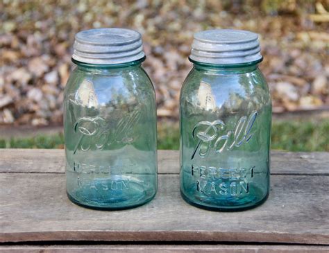 Antique Blue Turquoise Ball Mason Jars With Zinc Metal Lids Blue