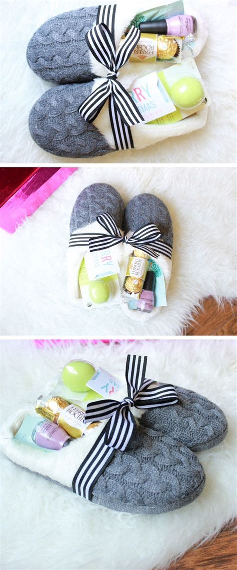 So you can still give traditional presents like, kitchen gadgets, kitchen utensils, manicure gift sets and cosmetic sets. Cozy Slippers Gift Basket | DIY Christmas Gifts for ...