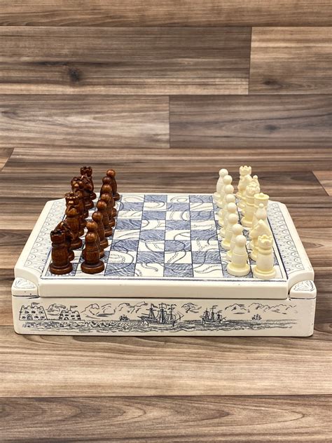 Vintage Chess Set Nautical Scrimshaw Collectors Set By History Craft