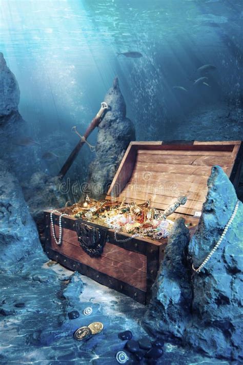Open Treasure Chest With Bright Gold Underwater Photo Of Open Treasure