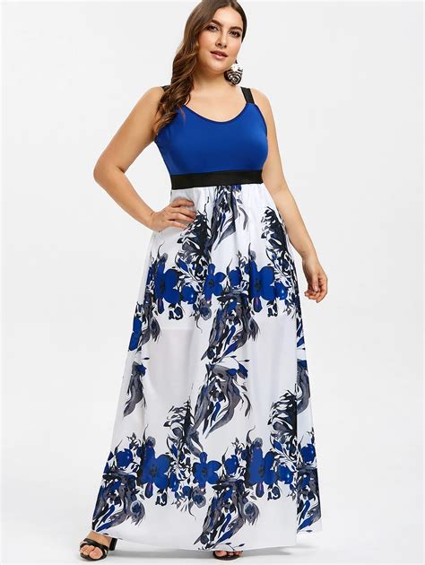 Buy Wipalo Floral Print Plus Size Maxi Dress Casual Sleeveless Empire Waist A