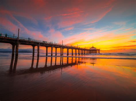 Manhattan Beach Pier Brilliant Sunset Red Yellow Glow Orange Clouds