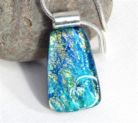 Dichroic Pendant Fused Glass Necklace Blue Glass Jewelry