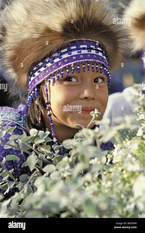 Portrait Of A Yupik Girl In Traditional Headdress At The Alaska Native