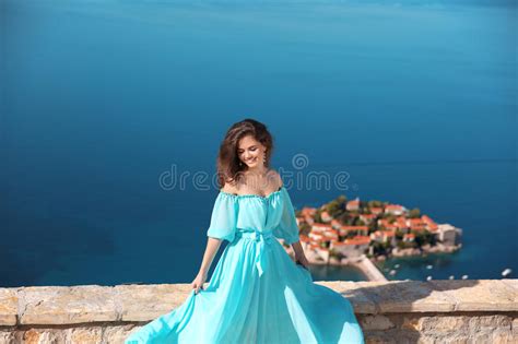 Beautiful Brunette Girl In Blowing Dress Happy Smiling Young Wo Stock Image Image Of Happy