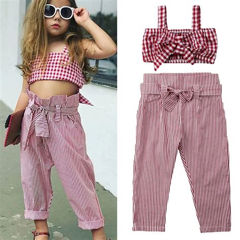 Toddler Kids Baby Girl Clothes Set Summer Sleeveless Plaid Bow Crop Top