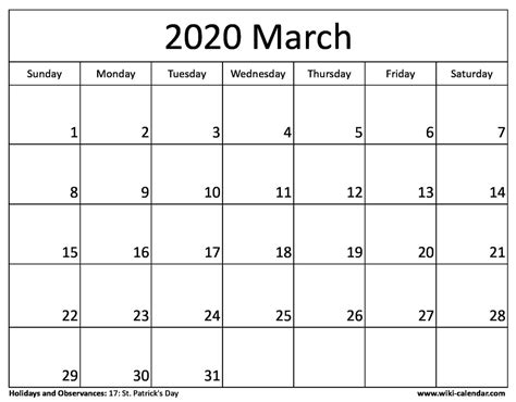 Free Printable March 2020 Calendar