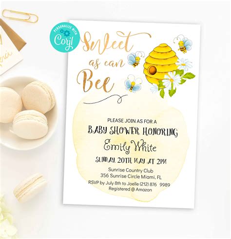 Bee Baby Shower Invitation Template Printable Sweet As Can Bee Etsy