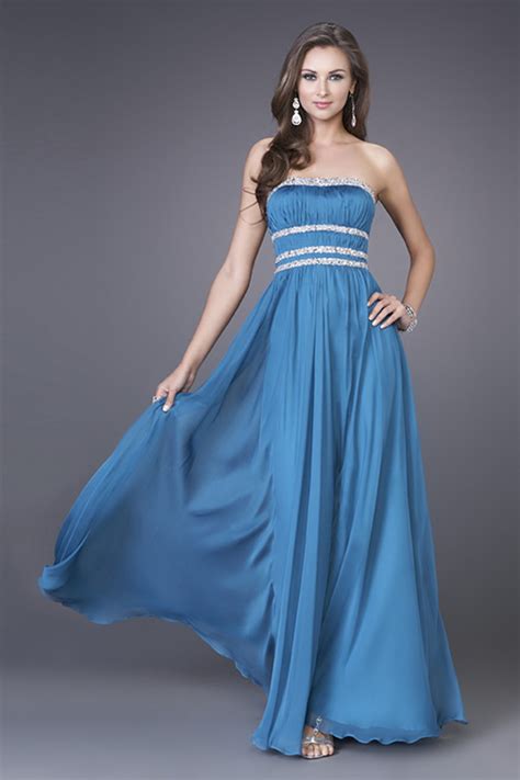 Blue A Line Strapless Low Back Floor Length Evening Dresses With