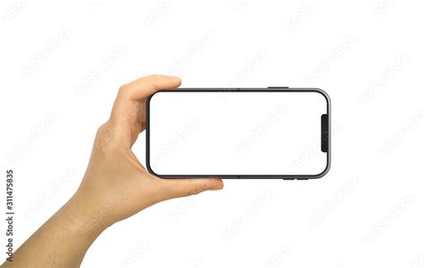 Hand Holding Horizontal Mobile Phone With White Screen Stock Photo