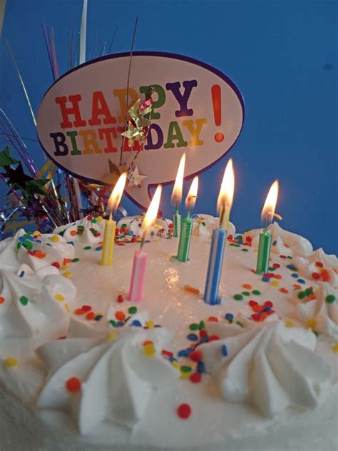 Birthday Cake With Lit Candles Stock Photo Image Of Birthday Baked