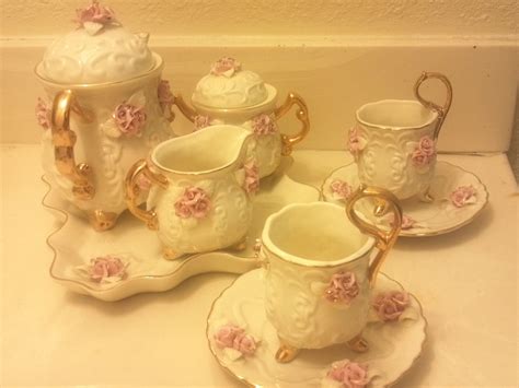 Vintage CRACKER BARREL Ivory Porcelain Pink ROSE 10 Pc Tea Set In