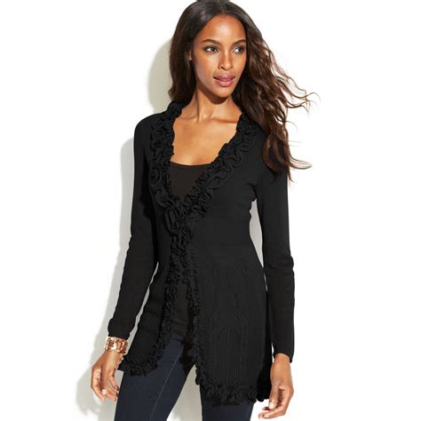 Inc International Concepts Long Sleeve Ruffled Cardigan In Black Deep