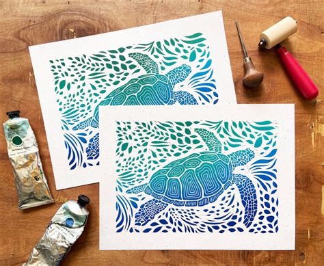 Sea Turtle Print Original Linocut Green Blue Ocean Sea Etsy