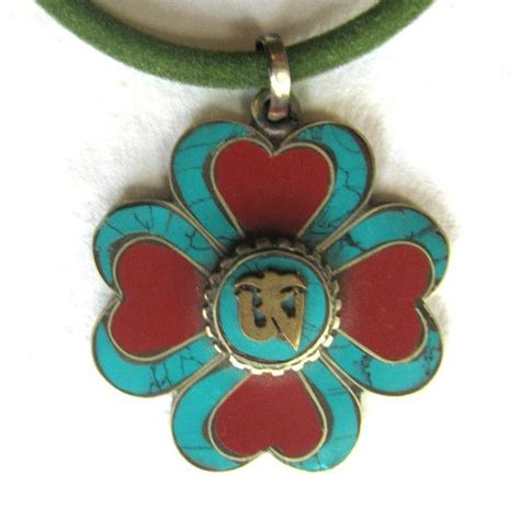 Tibetan Amulet Turquoise Gemstone Red Coral White Metal Brass Buddhist