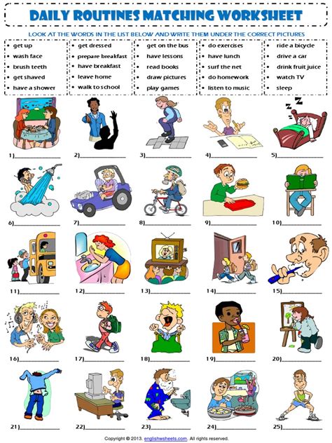 Daily Routines Vocabulary Matching Exercise Worksheet