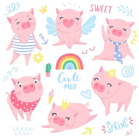Premium Vector Cute Pink Pigs Set