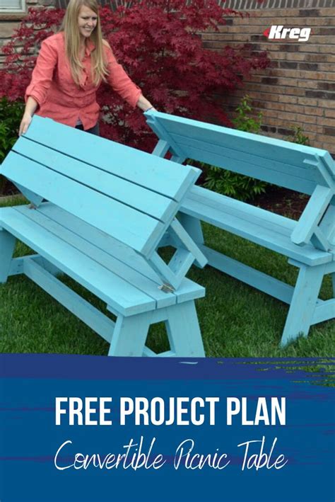 A Woman Standing Next To A Blue Picnic Table With The Text Free Project Plan Convertible Picnic