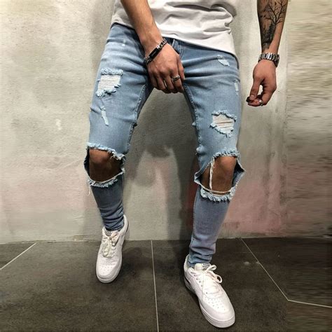 Mens Cool Designer Brand Blue Jeans Skinny Ripped Destroyed Stretch Slim Fit Hop Hop Pants With