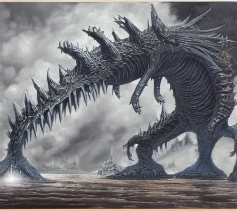A Massive Kaiju In Style Of Rodney Matthews Concept Stable Diffusion