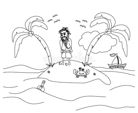 Solo El Hombre Que Vive En Una Pequeña Isla Desierta Ilustración Del