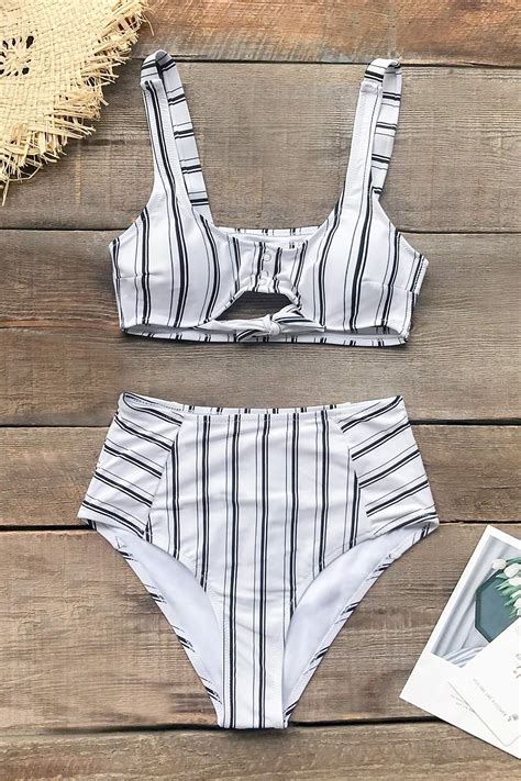 Cupshe Women S Navy White Vertical Stripe Print High Waist Bikini Set