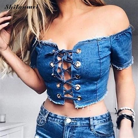 Europe Style Women Denim Lace Up Tank Tops Sexy Off Shoulder Crop Top Short Tees Sleeve Ruched
