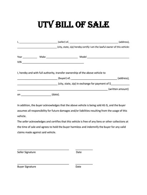 Utv Bill Of Sale Fill Out And Sign Online Dochub