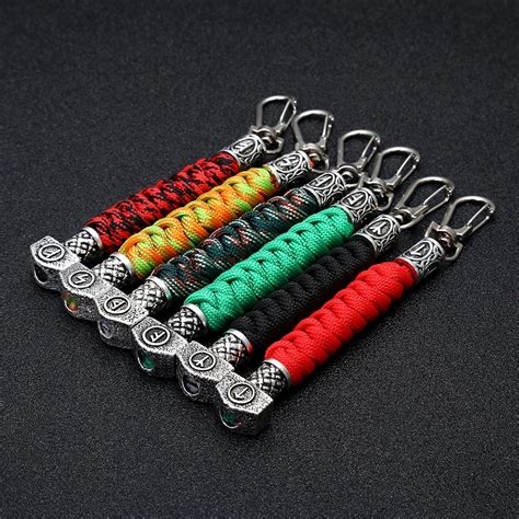 I tried something new on this paracord keychain, instead of stopping, and leaving a loop, i did the braid around it. Handmade Paracord Braided Keychain Viking Runes Hammer Beads Drop Dangle Keyring Key Rings Key ...