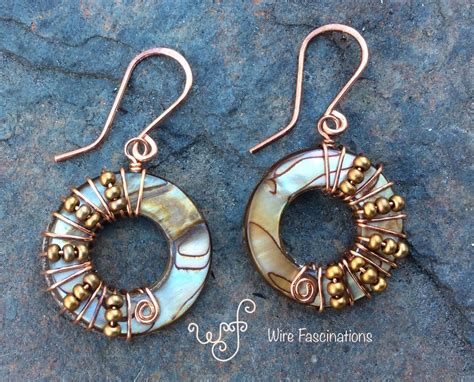 Handmade Copper Earrings Wire Wrapped Shell Donut With Matte Copper