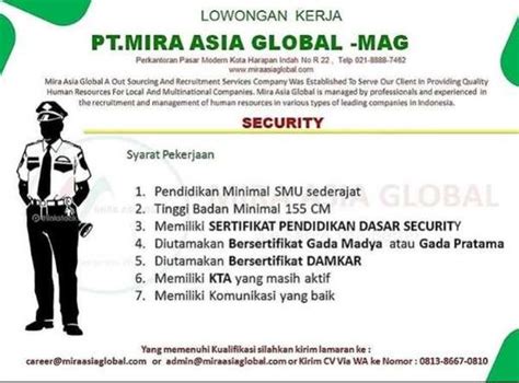 Dapatkan info lowongan baru untuk pencarian ini. Lowongan Kerja Security / Satpam di PT Mira Asia Global ...