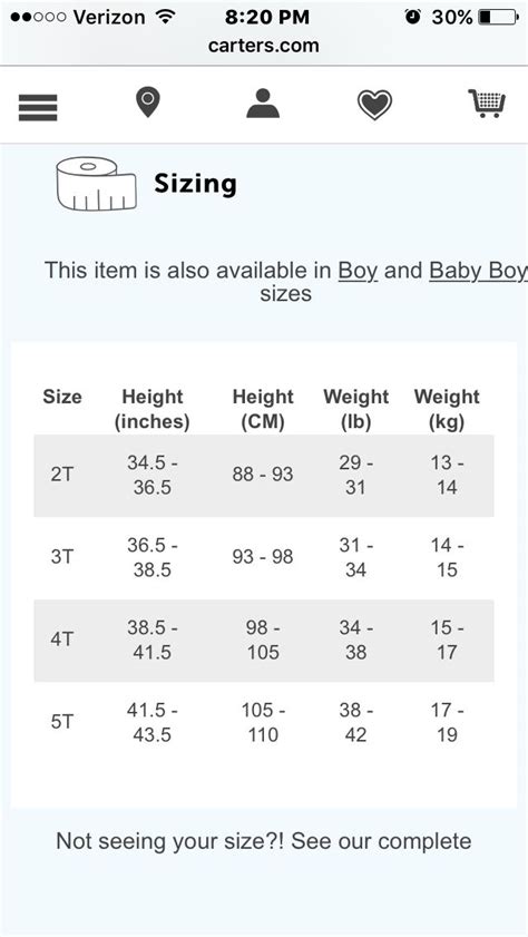 Baby Clothes Size Chart Carters