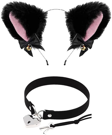 Black Cat Ear Head Wear And Heart Locker Chocker Love Necklace Collarfurry Cat Ear Hairband For