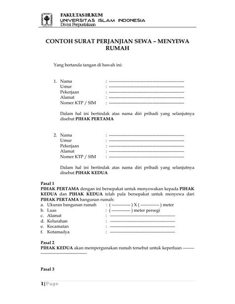 Jika masih belum memiliki rumah secara pribadi dan memutuskan untuk melakukan kontrak rumah maka diperlukan surat penjanjian.surat perjanjian. Contoh Surat Perjanjian Sewa-Menyewa Rumah FH-UII by Ryan Feriandri - Flipsnack