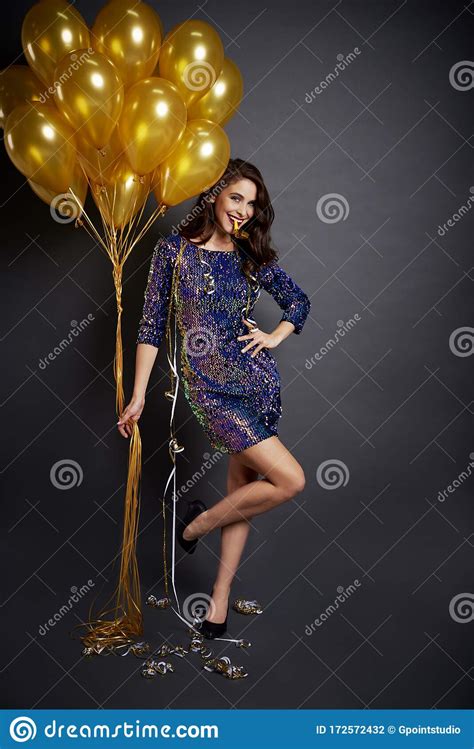 Beautiful Woman With Balloons In Studio Shot Stock Photo Image Of Golden Black