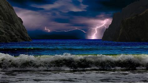 Lightning And Ocean Waves Landscape Beach Sea Storm Hd