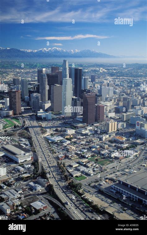 Aerial View Of Los Angeles Downtown Civic Center With Freeways And Snow