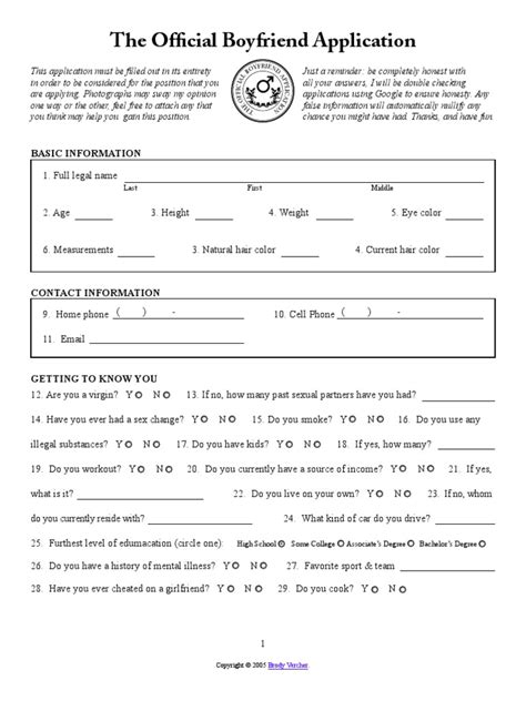 Get the free boyfriend application form. Boyfriend Application
