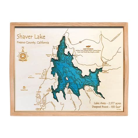Shaver Lake, CA Single-Depth Nautical Wood Map, 11" x 14"