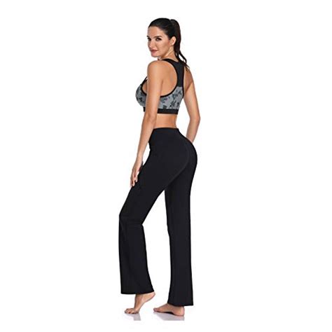 HISKYWIN Side Pockets Yoga Pants Way Stretch Tummy Control Workout Running Pants Long Bootleg