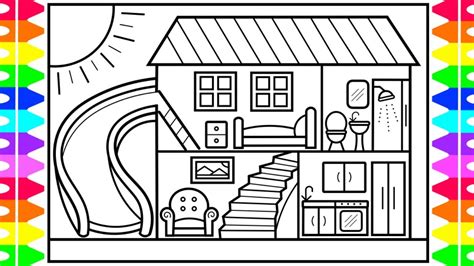 How To Draw A House With A Fun Slide For Kids 💚💜💙 House Drawing And