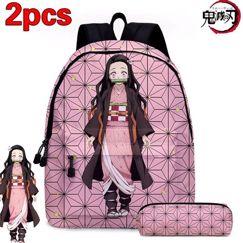 2pcsset Waterproof Demon Slayer Nezuko Anime Backpack Schoolbag Laptop Bag With Pencil Case 1