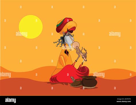 Snake Charmer Old Man Playing On Flute Cartoon Vector Stock Vector