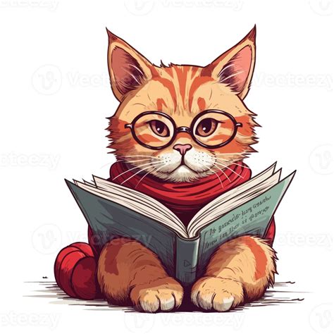 Watercolor Cute Cat Wearing Glasses Reading A Book 23743556 Png