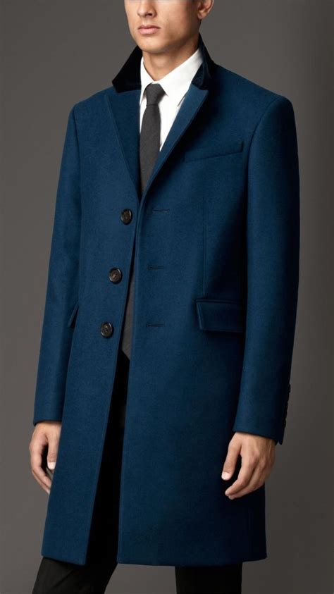 Burberry Crombie Cashmere Blend Coat With Velvet Collar Navy Mens