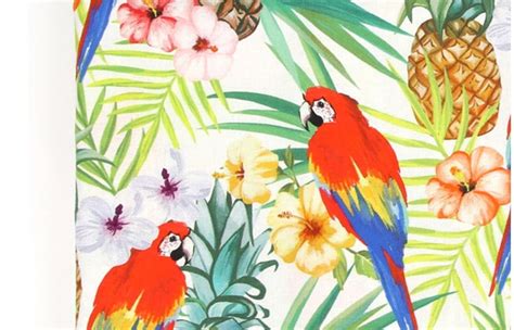Tropical Leaves Hibiscus Pineapple Parrot Patterned Fabric Etsy
