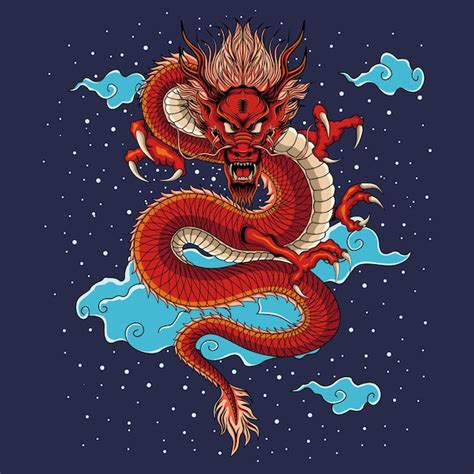 Premium Vector Dragon Chinese With Cloud Illustration