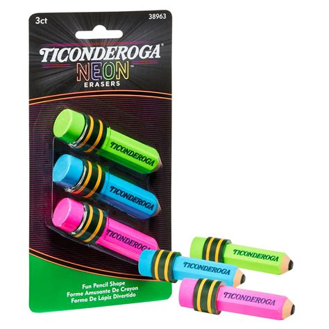Ticonderoga 3 Count Pencil Shape Erasers Neon