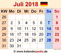 Download july 2018 calendar as html, excel xlsx, word docx, pdf or picture. Kalender Juli 2018 als PDF-Vorlagen