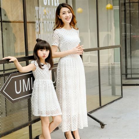 2017 Summer Mother Daughter Dresses White Pink Lace Dress Women Long